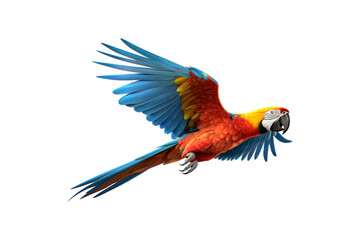 Wall Mural - The image features a red scarlet macaw bird, its wings spread out. Suitable for website backgrounds or marketing materials for nature, wildlife, tropical themes, and bird enthusiasts