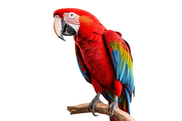 Wall Mural - Scarlet macaw perched on branch against light background, suitable for nature or wildlife themed designs and projects