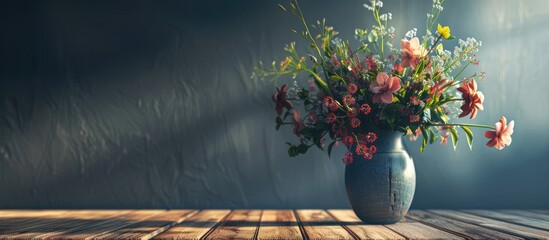 Poster - Home interior with an elegant vase containing a stunning bouquet of flowers on a wooden table perfect for a copy space image
