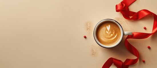 Fototapete - Top down view of coffee cup on beige backdrop with red ribbon for decoration Ample space for additional content in the shot