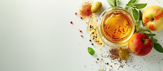 Poster - Apple cider vinegar along with various cooking seasonings is shown in a clear open container in a copy space image