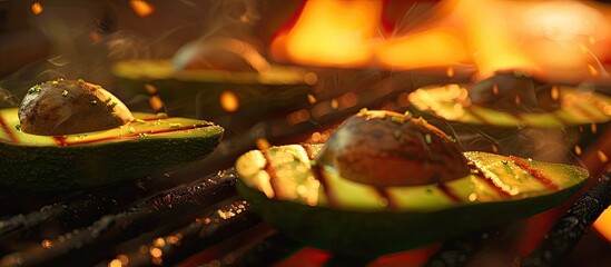 Aufkleber - Grilled slices of fresh avocado at a health food BBQ displayed against a backdrop with copy space image