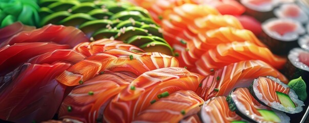 Wall Mural - Sashimi platter with fresh tuna and salmon, 4K hyperrealistic photo