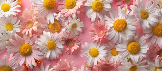 Poster - Colorful background with assorted chamomile flowers creating a flat lay image ideal for templates or mockups due to the available copy space