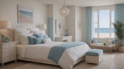 Ultra-realistic sea-side master bedroom with photo frames and other accessories interior design image template. White bedroom interior image.