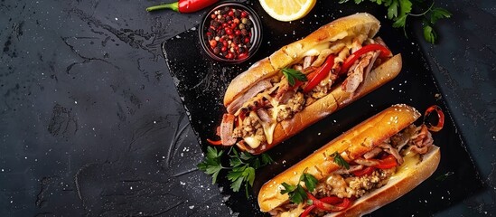 Canvas Print - Turkish street food sandwich with cheese and meat served on a black griddle with a side of lemon creating a delicious visual with copy space image