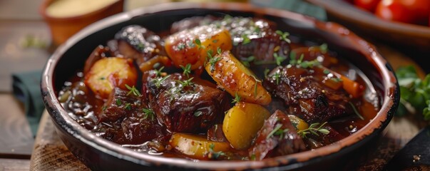 Rich beef bourguignon with red wine sauce, 4K hyperrealistic photo