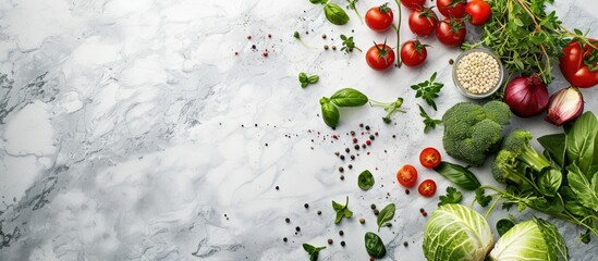 Wall Mural - Fresh vegetables fruits and herbs arranged on a white marble surface providing a vegetarian friendly protein source with copy space image