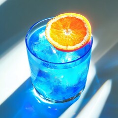 A refreshing blue drink with ice and an orange slice garnish in a glass.