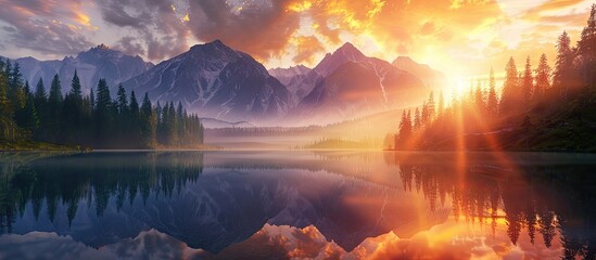 Poster - Beautiful sunset over forested mountains reflected in water creating a stunning evening landscape perfect for a wallpaper with a copy space image