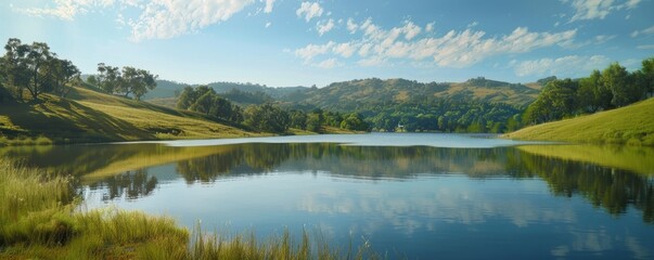 Sticker - Serene lake surrounded by rolling hills and trees, 4K hyperrealistic photo,