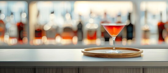 Leinwandbilder - Wooden tray with a cocktail glass on a white table against a blurred bar background providing copy space for other items