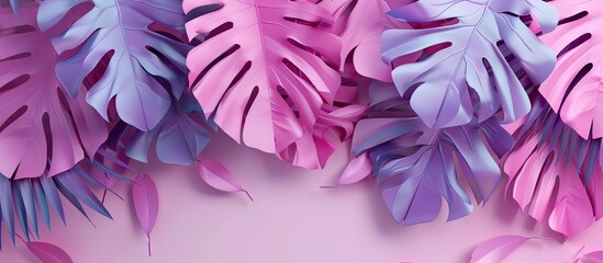 Poster - A vibrant pink background adorned with paper cutouts of tropical leaves creates an artistic composition with ample copy space image