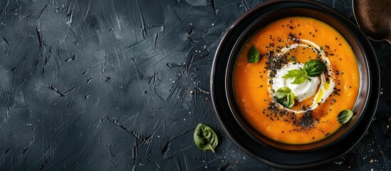 Poster - Delicious roasted pumpkin and carrot soup topped with cream black pepper and a visible copy space image to enhance appeal