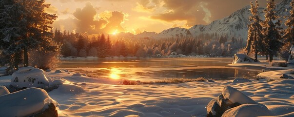 Poster - Sunrise casting warm hues over a snowy landscape, 4K hyperrealistic photo