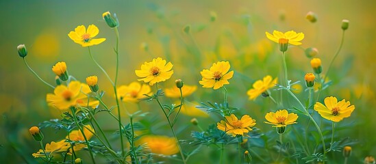 Aufkleber - Close up of wild yellow summer flowers in a green field with copy space image