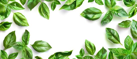 Aufkleber - White background framed by basil leaves with copy space image