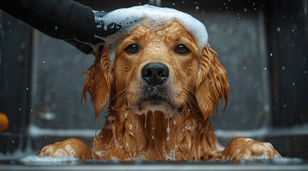 Close-up of a dog being washed in the bathroom, Generative AI.