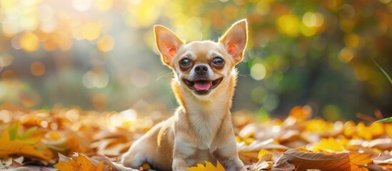 Canvas Print - Happy and healthy Chihuahua dog posing on a garden floor with leaves in background smiling and making eye contact with the camera in a copy space image