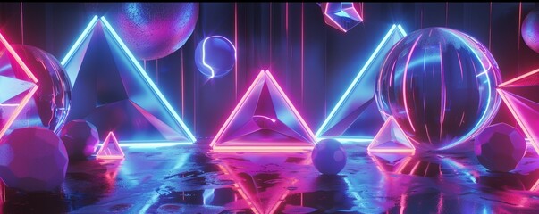 Neon geometric shapes with glowing edges, 4K hyperrealistic photo