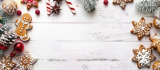 Sticker - Christmas gingerbread cookies frame with decorative elements on a white wooden backdrop provides a festive setting for a copy space image