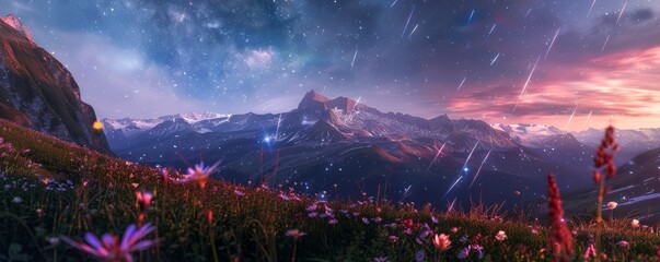 Shooting stars over alpine meadow, 4K hyperrealistic photo