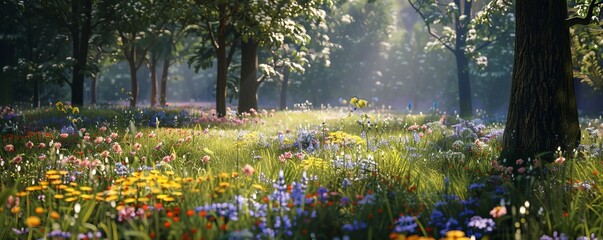 Wall Mural - Serene forest glade with blooming wildflowers, 4K hyperrealistic photo