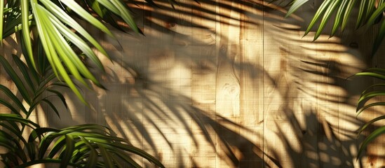 Wall Mural - Wooden background with blurred palm leaves casting shadows perfect for a copy space image