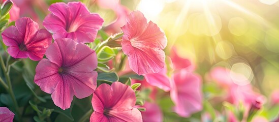 Fototapete - A sunny day showcases vibrant pink petunia flowers close up against a natural background with a selective focus perfect for a copy space image