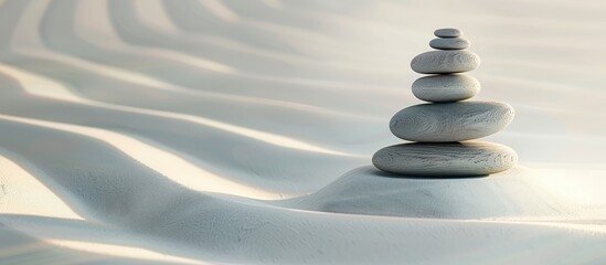 Wall Mural - Minimalistic Zen garden showcasing a stack of balanced pebbles in a serene white sand pattern suitable for relaxation massage meditation and studio photography with copy space image included