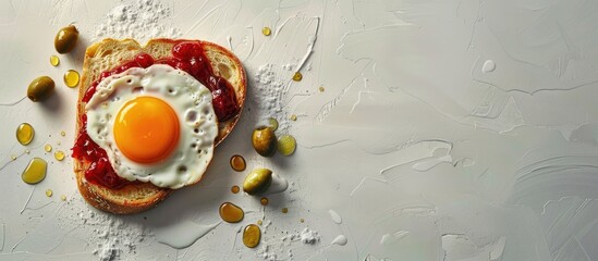 Poster - An enticing image of a fried egg on toast with a variety of spreads including olives and jam set against a plain background with ample space for text