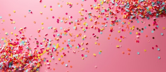 Poster - Top down view of a vivid array of confetti on a pink backdrop with ample copy space image