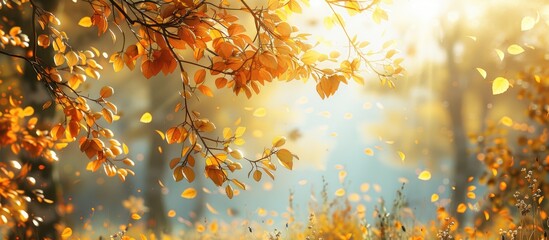 Aufkleber - Golden autumn scene in the forest with branches adorned in yellow leaves creating a natural background for a copy space image
