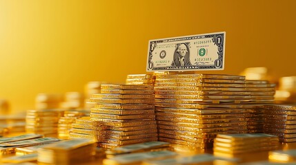 Gold bars and a dollar bill set against a bright yellow background, symbolizing wealth, security, and financial success.