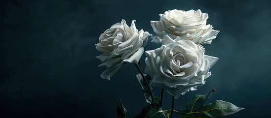 Aufkleber - Artificial white roses creating a floral arrangement on a dark backdrop providing a copy space image for text inclusion