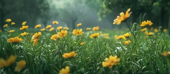 Aufkleber - Close up of wild yellow summer flowers in a green field with copy space image