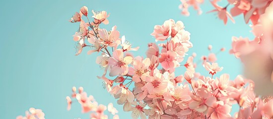 Leinwandbilder - A beautiful apricot tree in bloom with delicate pink white flowers against a clear blue sky background and plenty of copy space for an image