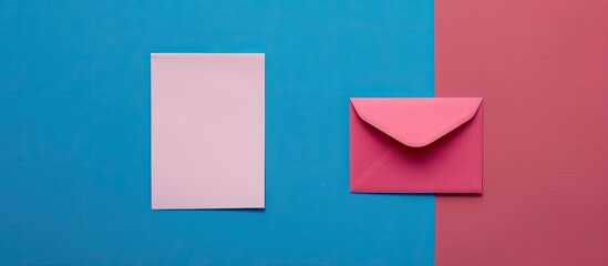 Leinwandbilder - From an aerial perspective a white paper list lays on a vibrant blue surface next to a pink envelope providing ample copy space image