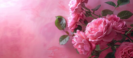 Fototapete - Pink shrub rose Pierre de Ronsard bouquet on pink backdrop with copy space image