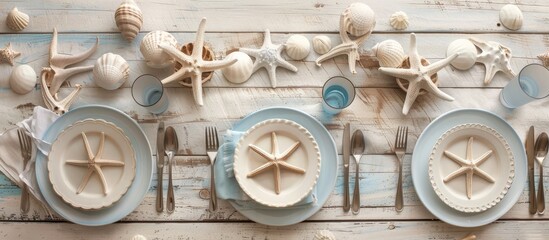 Poster - Table set beautifully with marine decorations against a light wooden backdrop showcasing a serene scene with ample copy space image