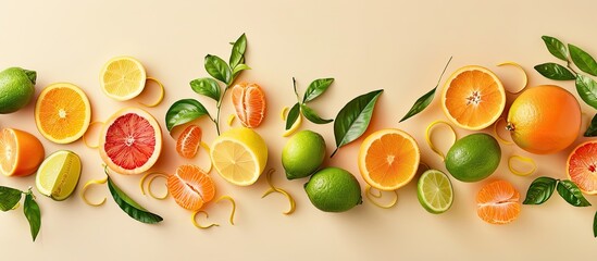 Poster - A trendy food concept featuring summer citrus fruits like orange tangerine lemon and lime on a pastel beige background with copy space image ideal for creative displays