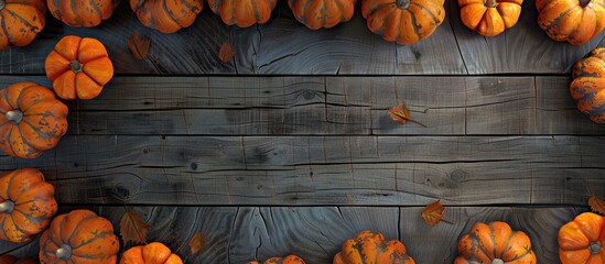 Poster - Wooden background with a frame of various fresh pumpkins creating a rustic copy space image
