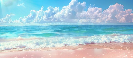 Poster - A scenic beach setting with clear turquoise waters gentle waves pink sandy shores under a sunny blue sky with fluffy white clouds a beautiful seascape perfect for summer ideal as a copy space image