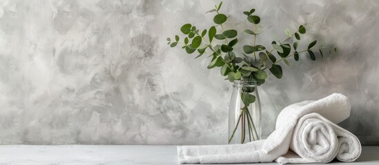 Poster - Elegant eucalyptus branches displayed in a clear vase with a soft towel set against a neutral background for a copy space image