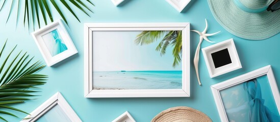 Fototapete - Top view of a collection of summer photos displayed in a white frame against a blank surface suitable for use as a banner design with copy space image