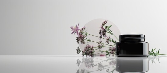 Poster - Cosmetic product display featuring aquilegia flowers reflected in a black mirrored jar set against a white background with copy space image