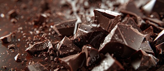 Leinwandbilder - Close up image of fragrant dark chocolate chunks in pieces with copy space image available