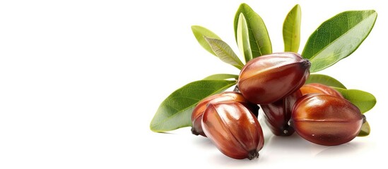 Aufkleber - Ripe jojoba fruits with leaves isolated on white background with copy space image
