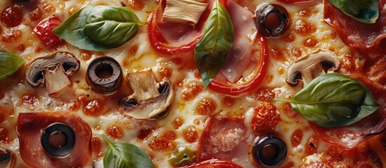 Poster - A close up of a delicious pizza with a variety of toppings like ham mushrooms olives peppers and cheese fills the copy space image