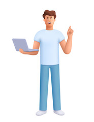 Young smiling man standing, holding and using laptop computer . Computer technology concept. 3d vector people character. Cartoon minimal style.